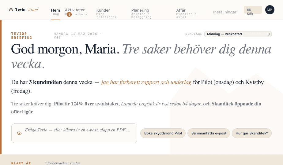 "God morgon, Maria. Tre saker behöver dig denna vecka." Tevio förbereder rapport och möte i förväg — kundansvarig granskar i 30 minuter istället för skriver i fyra timmar.